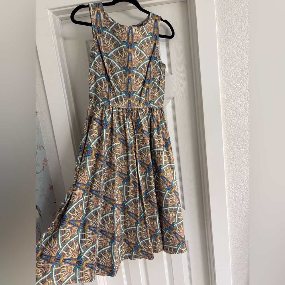 Retrolicious Geometric Blue and Brown Midi Dress